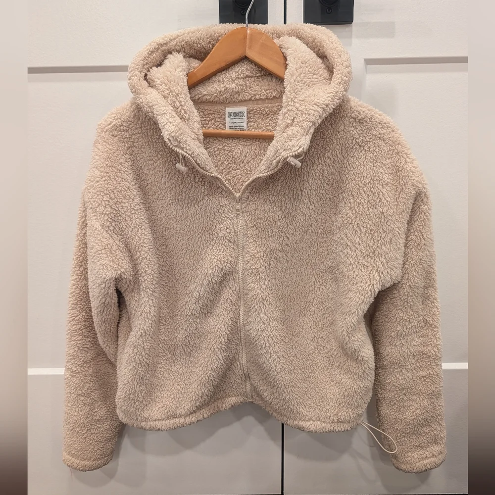 PINK Victoria's Secret Cream Sherpa Zip up Hooded Jacket Size Small